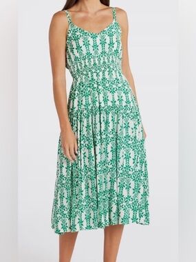 NWT Skies Are Blue Mathilde Floral Midi  Pockets Dress Green White Floral Large